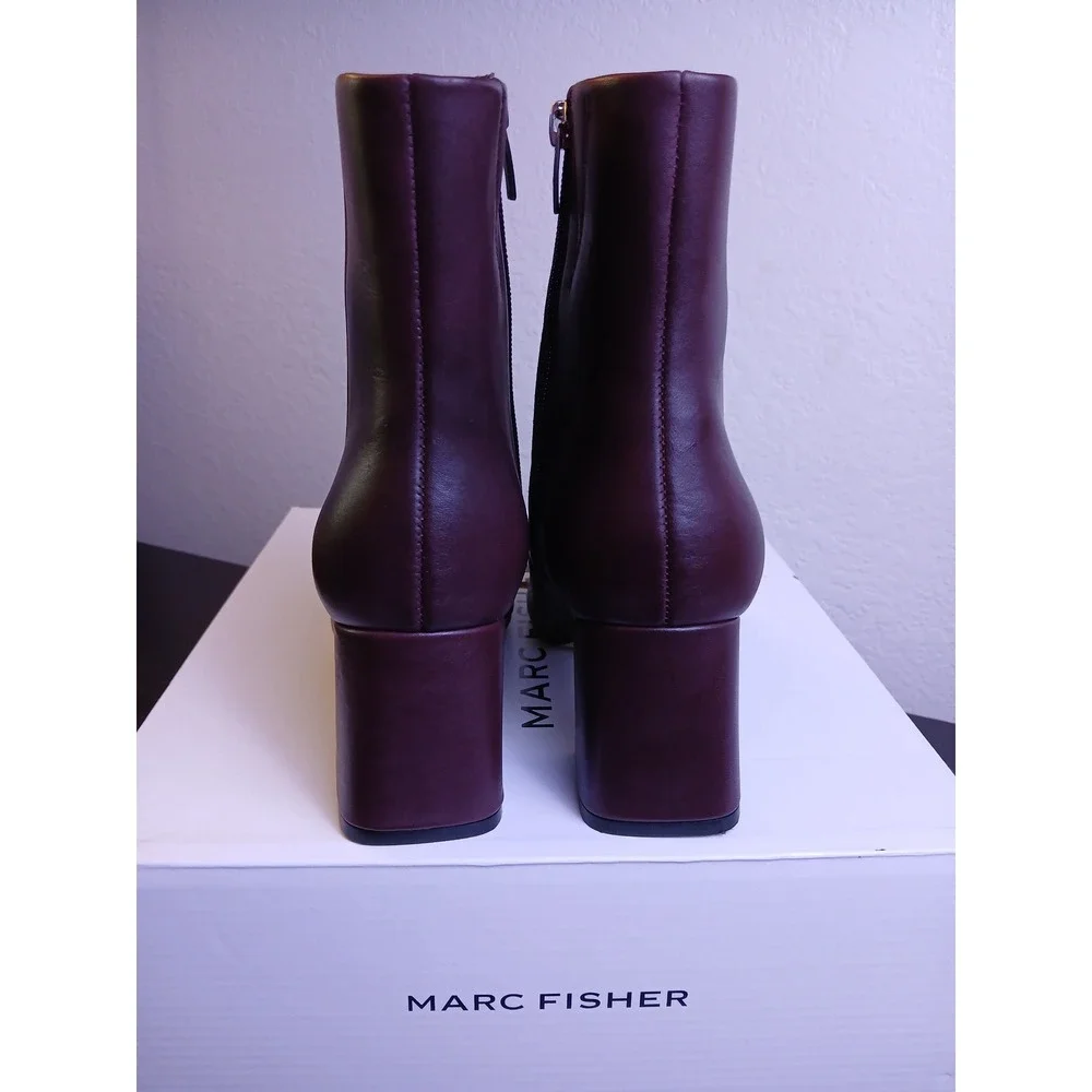 Marc Fisher Ulani Dark Red Leather Pointed Toe Block Heel Ankle Boots Women NEW
